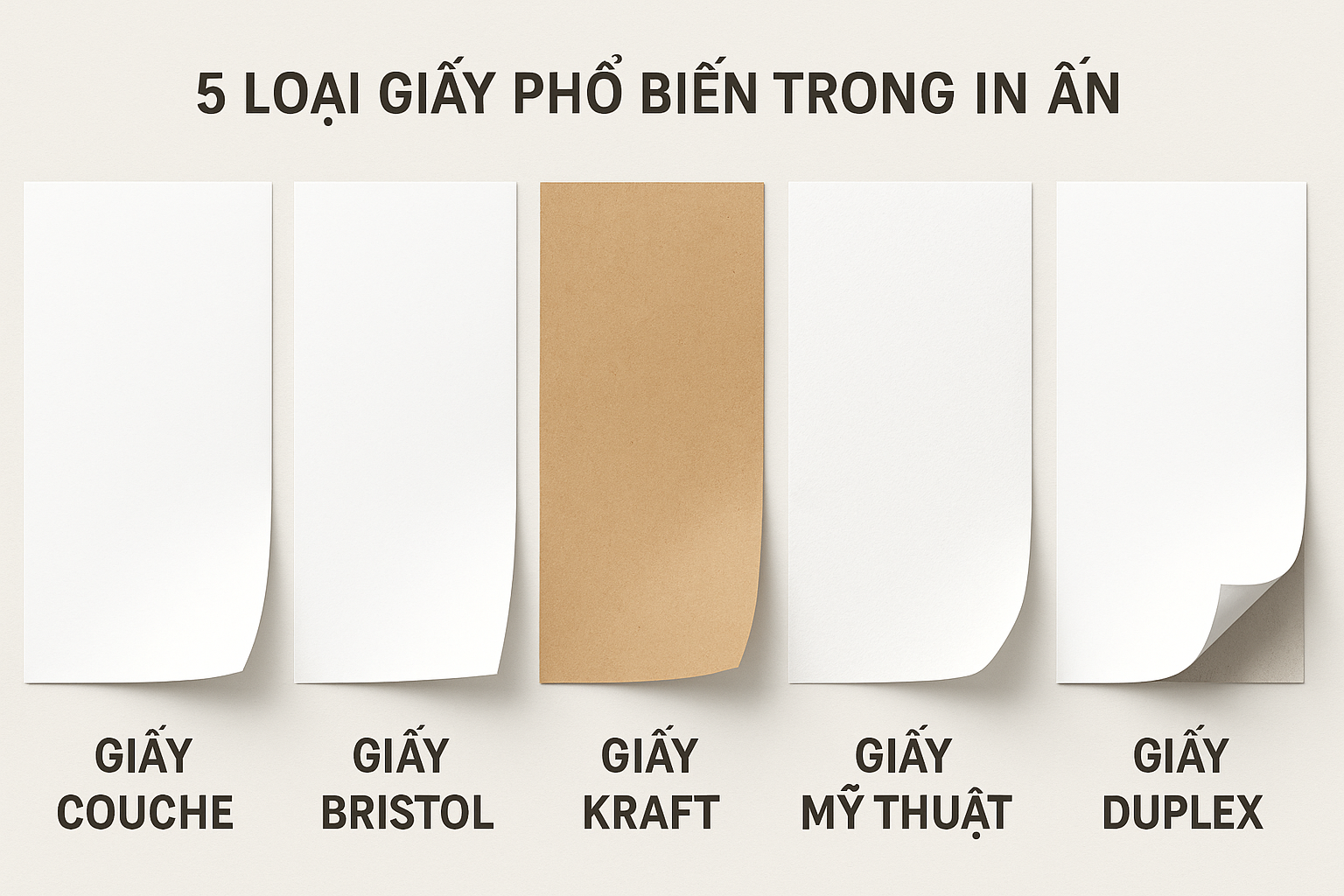 5 loại giấy phổ biến trong in ấn: Giấy Couche, Giấy Bristol, Giấy Kraft, Giấy Mỹ Thuật, Giấy Duplex được trình bày thành hàng ngang với hình minh họa tờ giấy cho từng loại.