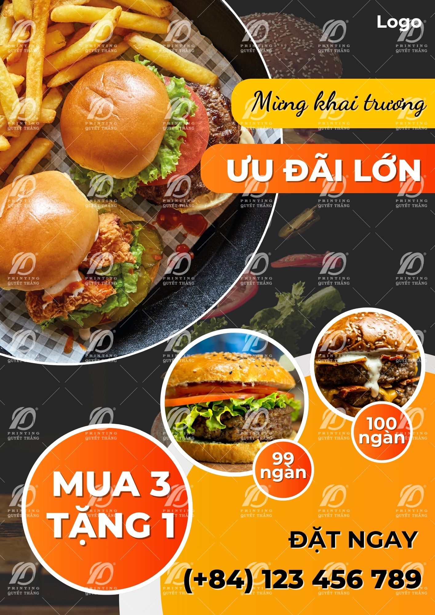 Tờ rơi quảng cáo khai trương quán ăn nhanh với hình ảnh bánh burger, khoai tây chiên và thông tin khuyến mãi 